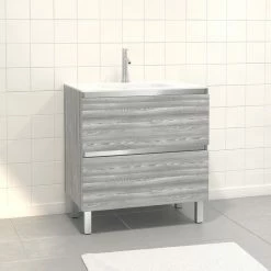 Aurlane Pack Meuble De Salle De Bain 80x50 Cm Chêne Gris-blanc - 2 Tiroirs - Vasque En Verre Blanc