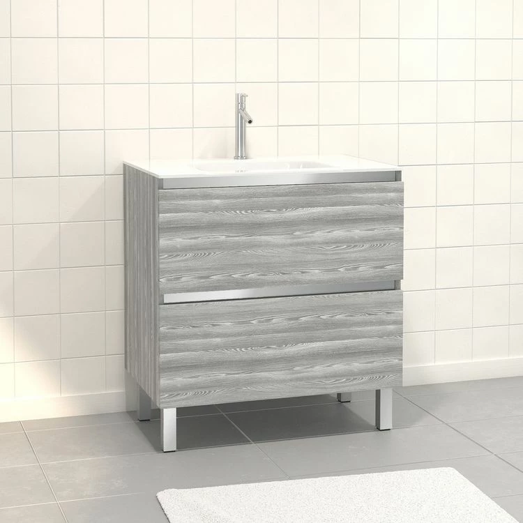Aurlane Pack Meuble De Salle De Bain 80x50 Cm Chêne Gris-blanc - 2 Tiroirs - Vasque En Verre Blanc 1 Aurlane Pack Meuble De Salle De Bain 80x50 Cm Chêne Gris-blanc - 2 Tiroirs - Vasque En Verre Blanc