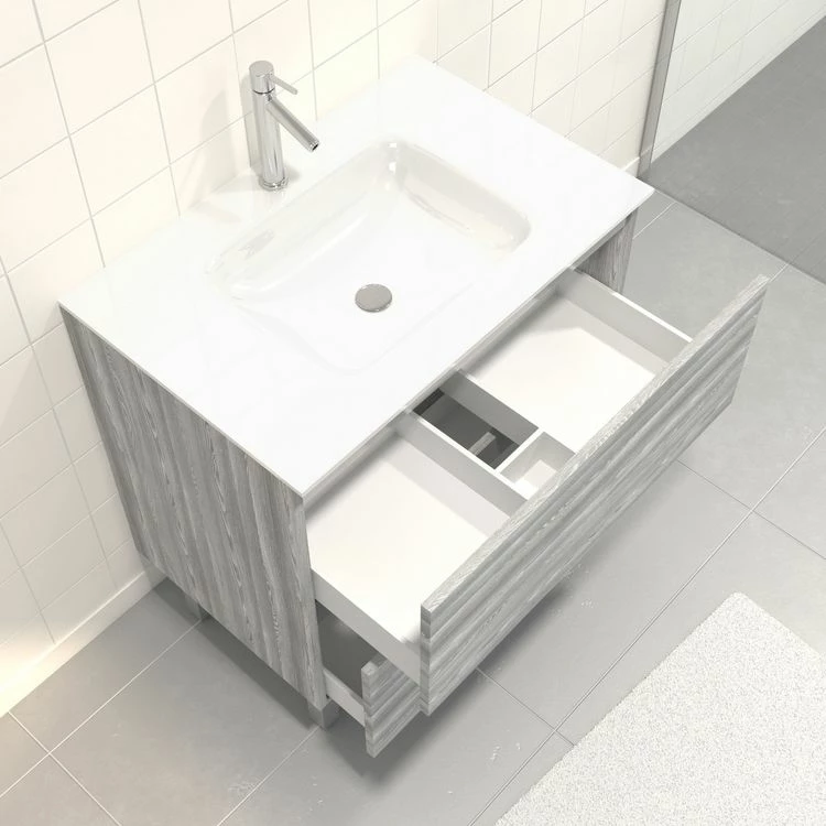 Aurlane Pack Meuble De Salle De Bain 80x50 Cm Chêne Gris-blanc - 2 Tiroirs - Vasque En Verre Blanc 2 Aurlane Pack Meuble De Salle De Bain 80x50 Cm Chêne Gris-blanc - 2 Tiroirs - Vasque En Verre Blanc – Image 2