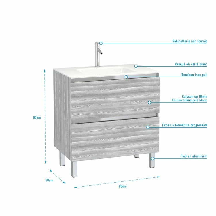 Aurlane Pack Meuble De Salle De Bain 80x50 Cm Chêne Gris-blanc - 2 Tiroirs - Vasque En Verre Blanc 4 Aurlane Pack Meuble De Salle De Bain 80x50 Cm Chêne Gris-blanc - 2 Tiroirs - Vasque En Verre Blanc – Image 4