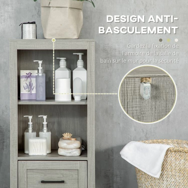KLEANKIN Meuble Colonne Rangement Salle De Bain Dim. 40L X 30l X 89H Cm 2 étagères Tiroir Coulissant Aspect Bois Gris 5 KLEANKIN Meuble Colonne Rangement Salle De Bain Dim. 40L X 30l X 89H Cm 2 étagères Tiroir Coulissant Aspect Bois Gris – Image 5