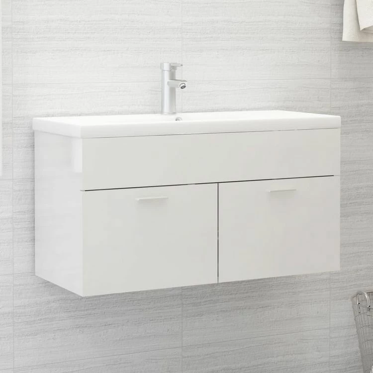 VIDAXL Armoire D'evier Avec Lavabo Integre Blanc Brillant Agglomere 1 VIDAXL Armoire D'evier Avec Lavabo Integre Blanc Brillant Agglomere