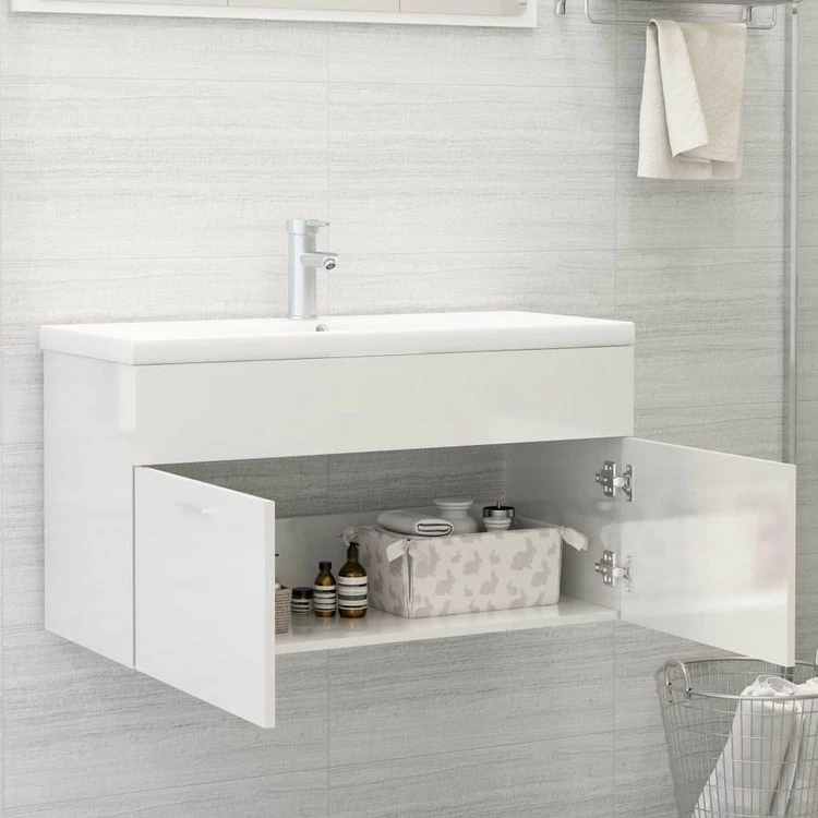 VIDAXL Armoire D'evier Avec Lavabo Integre Blanc Brillant Agglomere 3 VIDAXL Armoire D'evier Avec Lavabo Integre Blanc Brillant Agglomere – Image 3
