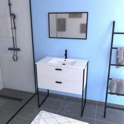 Aurlane Ensemble Meuble De Salle De Bain - Blanc Avec Pieds Style Industriel - 2 Tiroirs - Vasque Blanche