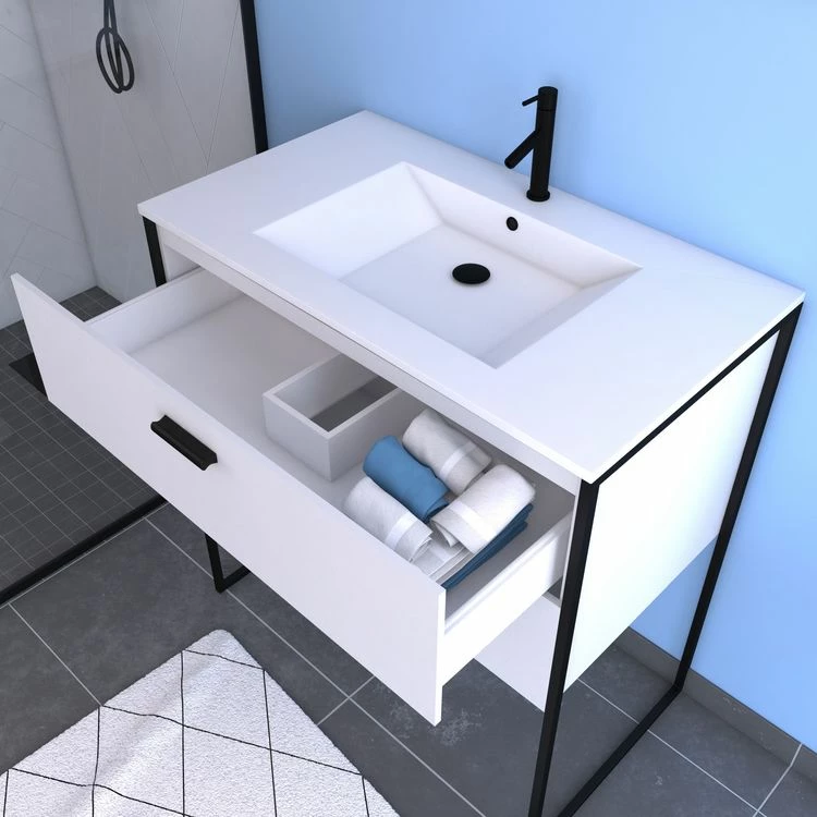 Aurlane Ensemble Meuble De Salle De Bain - Blanc Avec Pieds Style Industriel - 2 Tiroirs - Vasque Blanche 2 Aurlane Ensemble Meuble De Salle De Bain - Blanc Avec Pieds Style Industriel - 2 Tiroirs - Vasque Blanche – Image 2