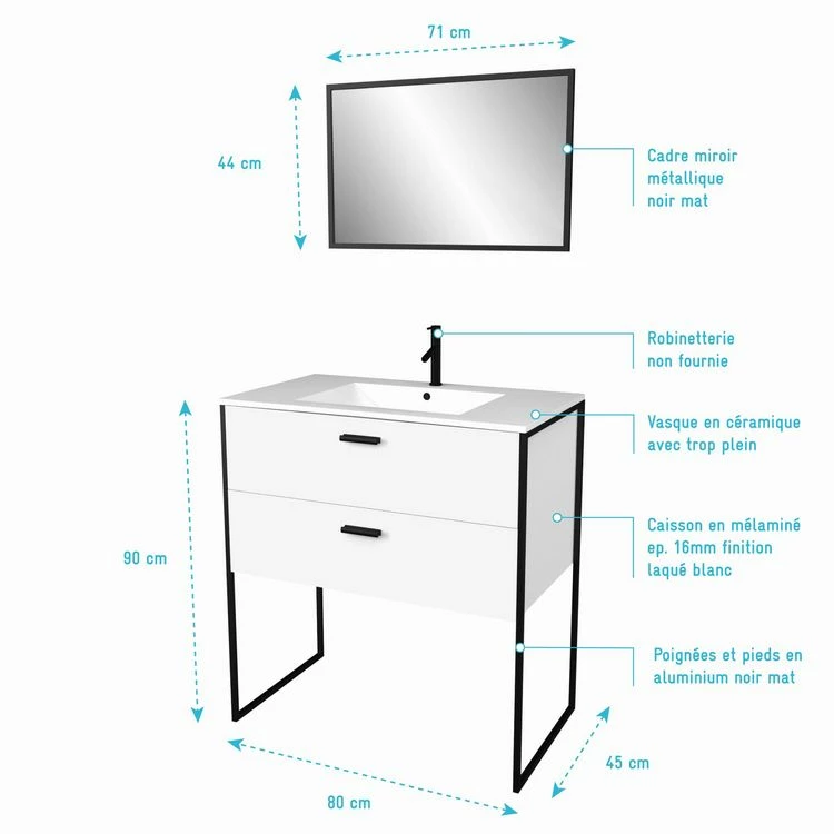 Aurlane Ensemble Meuble De Salle De Bain - Blanc Avec Pieds Style Industriel - 2 Tiroirs - Vasque Blanche 4 Aurlane Ensemble Meuble De Salle De Bain - Blanc Avec Pieds Style Industriel - 2 Tiroirs - Vasque Blanche – Image 4