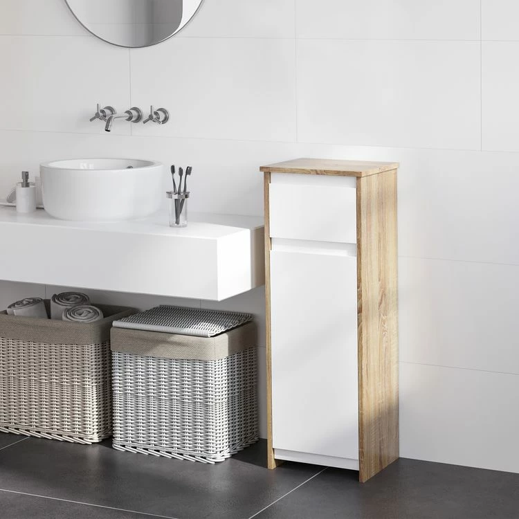 KLEANKIN Meuble Colonne Bas Salle De Bain Style Cosy Dim. 32L X 30l X 90H Cm Porte étagère Tiroir MDF Blanc Aspect Chêne Clair 2 KLEANKIN Meuble Colonne Bas Salle De Bain Style Cosy Dim. 32L X 30l X 90H Cm Porte étagère Tiroir MDF Blanc Aspect Chêne Clair – Image 2