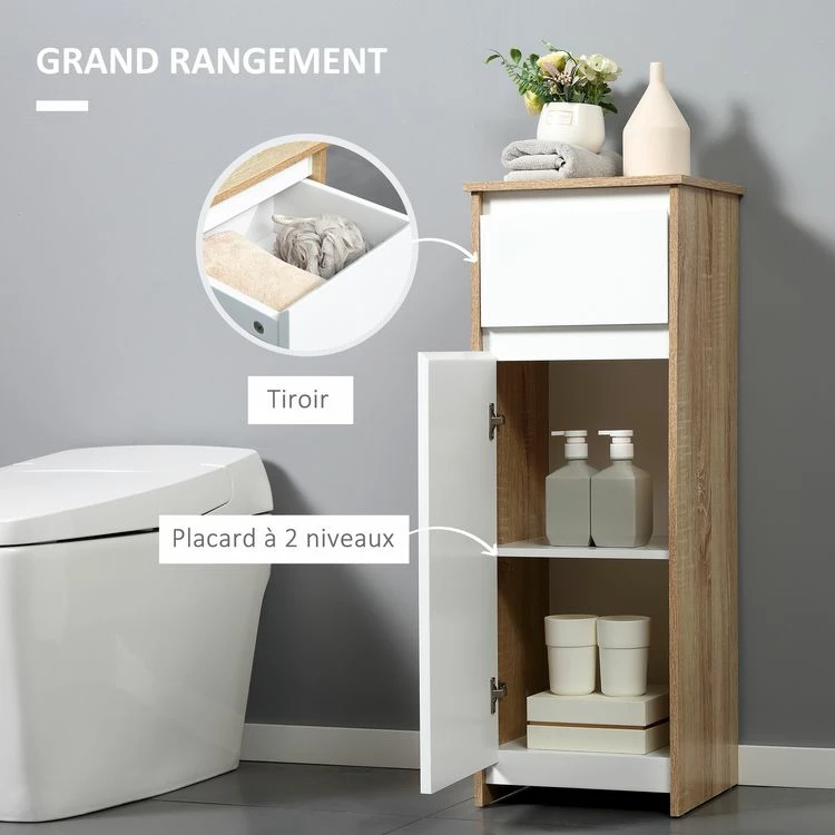 KLEANKIN Meuble Colonne Bas Salle De Bain Style Cosy Dim. 32L X 30l X 90H Cm Porte étagère Tiroir MDF Blanc Aspect Chêne Clair 3 KLEANKIN Meuble Colonne Bas Salle De Bain Style Cosy Dim. 32L X 30l X 90H Cm Porte étagère Tiroir MDF Blanc Aspect Chêne Clair – Image 3