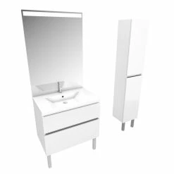 Aurlane Ensemble De Salle De Bain 80 Cm + Vasque Résine Blanche + Miroir LED + Colonne De Rangement -Paris Prix boutique B2CD 740
