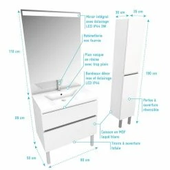 Aurlane Ensemble De Salle De Bain 80 Cm + Vasque Résine Blanche + Miroir LED + Colonne De Rangement -Paris Prix boutique B2CD 741