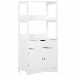 KLEANKIN Meuble De Rangement Salle De Bain - 2 Portes, Tiroir, 3 étagÚres - Dim. 60L X 33l X 122H Cm - MDF Blanc