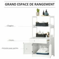 KLEANKIN Meuble De Rangement Salle De Bain - 2 Portes, Tiroir, 3 étagères - Dim. 60L X 33l X 122H Cm - MDF Blanc -Paris Prix boutique B2CD 746