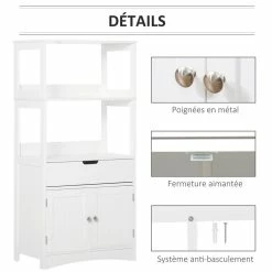 KLEANKIN Meuble De Rangement Salle De Bain - 2 Portes, Tiroir, 3 étagères - Dim. 60L X 33l X 122H Cm - MDF Blanc -Paris Prix boutique B2CD 747