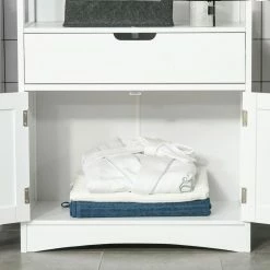 KLEANKIN Meuble De Rangement Salle De Bain - 2 Portes, Tiroir, 3 étagères - Dim. 60L X 33l X 122H Cm - MDF Blanc -Paris Prix boutique B2CD 748