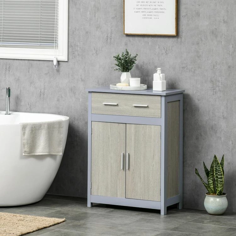 KLEANKIN Meuble De Salle De Bain Meuble De Rangement Bas Avec 1 Tiroir Et 1 Placard Double Porte MDF Gris Et Aspect Chêne Clair 2 KLEANKIN Meuble De Salle De Bain Meuble De Rangement Bas Avec 1 Tiroir Et 1 Placard Double Porte MDF Gris Et Aspect Chêne Clair – Image 2