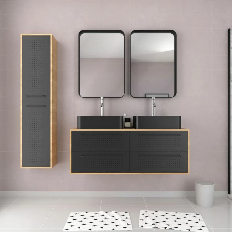 Aurlane Pack Meuble SDB 120cm Suspendu 4 Tiroirs_2 Vasques Noires Rectangles + Colonne - UBY 120 2 Aurlane Pack Meuble SDB 120cm Suspendu 4 Tiroirs_2 Vasques Noires Rectangles + Colonne - UBY 120 – Image 2