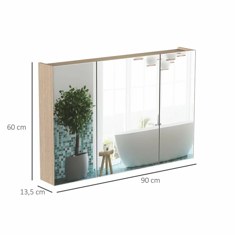 HOMCOM Armoire Murale Miroir Salle De Bain 3 Portes 3 étagères Dim. 90L X 14l X 60H Cm Panneaux Particules Chêne Clair 3 HOMCOM Armoire Murale Miroir Salle De Bain 3 Portes 3 étagères Dim. 90L X 14l X 60H Cm Panneaux Particules Chêne Clair – Image 3