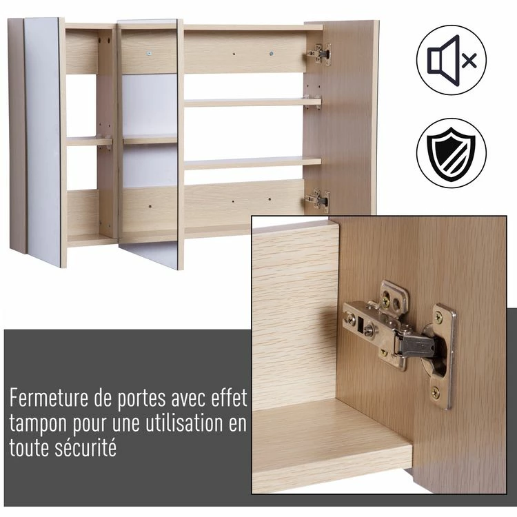 HOMCOM Armoire Murale Miroir Salle De Bain 3 Portes 3 étagères Dim. 90L X 14l X 60H Cm Panneaux Particules Chêne Clair 6 HOMCOM Armoire Murale Miroir Salle De Bain 3 Portes 3 étagères Dim. 90L X 14l X 60H Cm Panneaux Particules Chêne Clair – Image 6