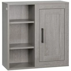 KLEANKIN Armoire Haute Murale De Salle De Bain Ou WC Placard 1 Porte 3 Niches Dim. 48L X 20l X 50H Cm Panneaux Particules Gris