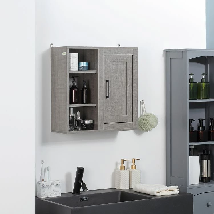 KLEANKIN Armoire Haute Murale De Salle De Bain Ou WC Placard 1 Porte 3 Niches Dim. 48L X 20l X 50H Cm Panneaux Particules Gris 2 KLEANKIN Armoire Haute Murale De Salle De Bain Ou WC Placard 1 Porte 3 Niches Dim. 48L X 20l X 50H Cm Panneaux Particules Gris – Image 2