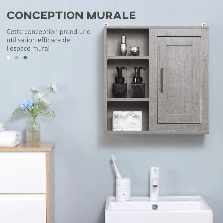 KLEANKIN Armoire Haute Murale De Salle De Bain Ou WC Placard 1 Porte 3 Niches Dim. 48L X 20l X 50H Cm Panneaux Particules Gris 5 KLEANKIN Armoire Haute Murale De Salle De Bain Ou WC Placard 1 Porte 3 Niches Dim. 48L X 20l X 50H Cm Panneaux Particules Gris – Image 5