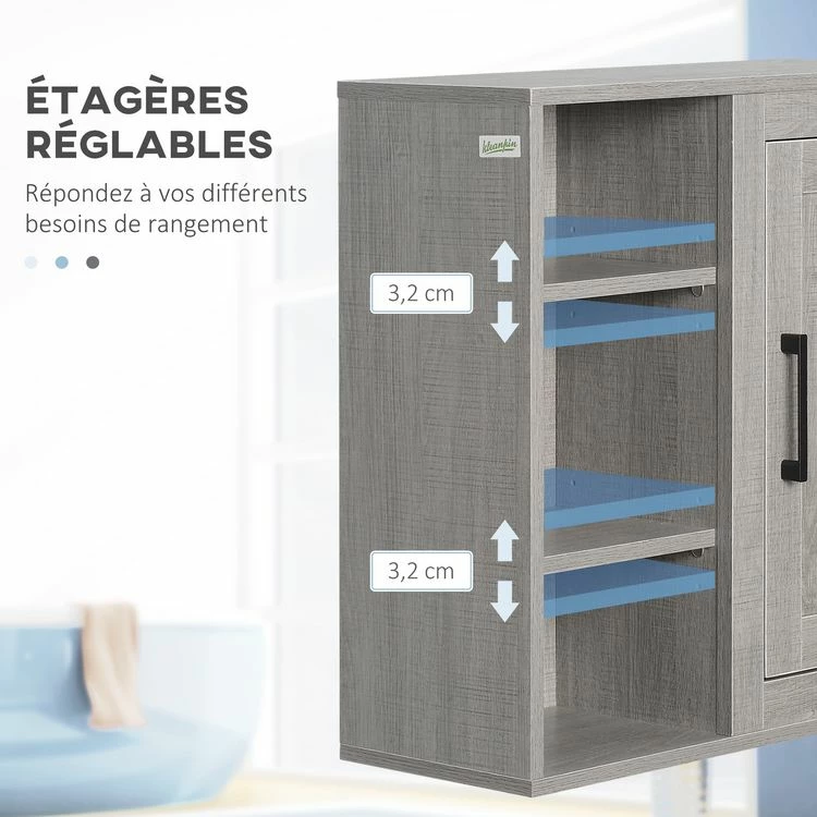 KLEANKIN Armoire Haute Murale De Salle De Bain Ou WC Placard 1 Porte 3 Niches Dim. 48L X 20l X 50H Cm Panneaux Particules Gris 6 KLEANKIN Armoire Haute Murale De Salle De Bain Ou WC Placard 1 Porte 3 Niches Dim. 48L X 20l X 50H Cm Panneaux Particules Gris – Image 6