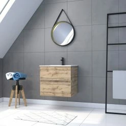 Aurlane Pack Meuble SDB 60cm Suspendu 2 Tiroirs Chene_Vasque Blanche + Miroir Barber - TIMBER 60_Pack32