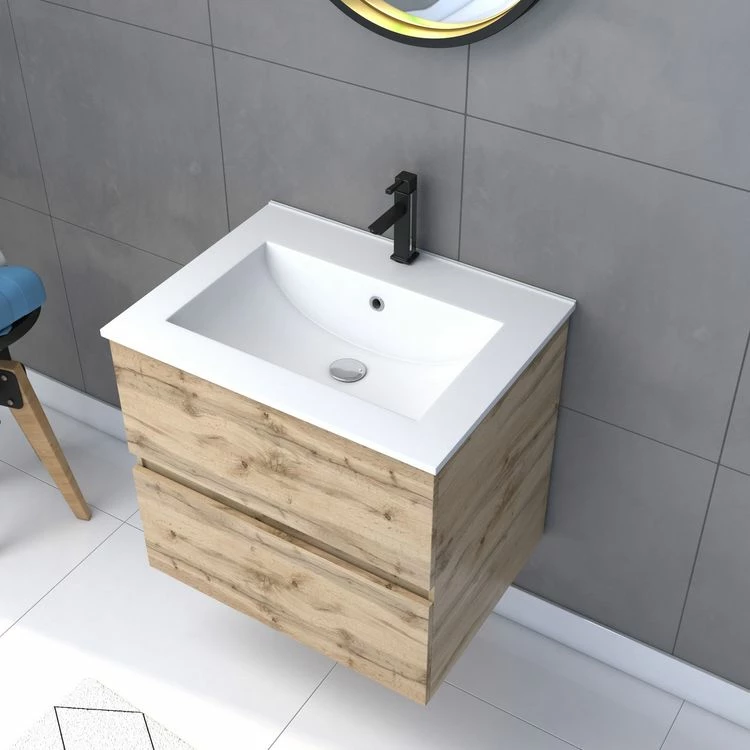 Aurlane Pack Meuble SDB 60cm Suspendu 2 Tiroirs Chene_Vasque Blanche + Miroir Barber - TIMBER 60_Pack32 2 Aurlane Pack Meuble SDB 60cm Suspendu 2 Tiroirs Chene_Vasque Blanche + Miroir Barber - TIMBER 60_Pack32 – Image 2
