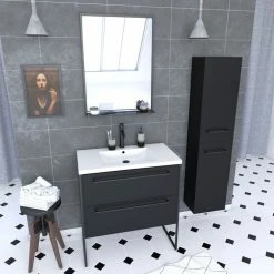 Aurlane Pack Meuble De Salle De Bain 80x50 Cm Noir - 2 Tiroirs - Vasque Blanche - Miroir - Colonne Suspendu