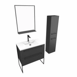 Aurlane Pack Meuble De Salle De Bain 80x50 Cm Noir - 2 Tiroirs - Vasque Blanche - Miroir - Colonne Suspendu -Paris Prix boutique B2CD 816