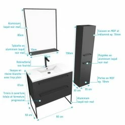 Aurlane Pack Meuble De Salle De Bain 80x50 Cm Noir - 2 Tiroirs - Vasque Blanche - Miroir - Colonne Suspendu -Paris Prix boutique B2CD 817