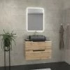 Aurlane Meuble Salle De Bains 80cm 2 Tiroirs Finition Chêne Et Noir - Vasque Noire - Miroir Led - OMEGA