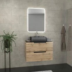 Aurlane Meuble Salle De Bains 80cm 2 Tiroirs Finition ChĂȘne Et Noir - Vasque Noire - Miroir Led - OMEGA