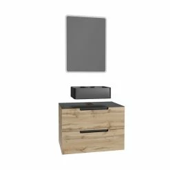 Aurlane Meuble Salle De Bains 80cm 2 Tiroirs Finition Chêne Et Noir - Vasque Noire - Miroir Led - OMEGA -Paris Prix boutique B2CD 833