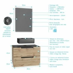 Aurlane Meuble Salle De Bains 80cm 2 Tiroirs Finition Chêne Et Noir - Vasque Noire - Miroir Led - OMEGA -Paris Prix boutique B2CD 834