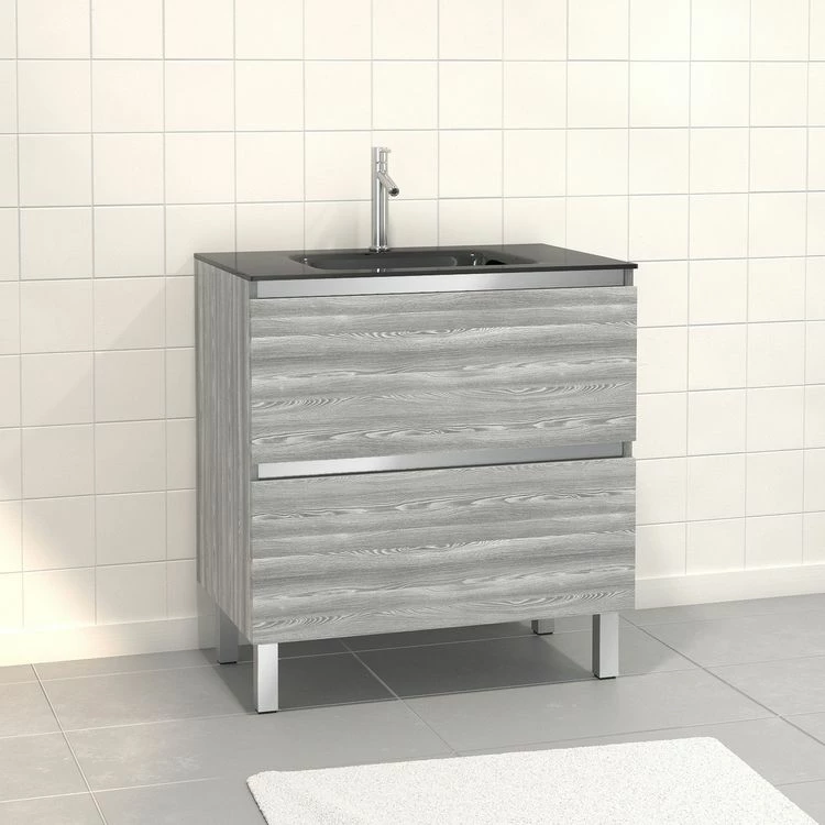 Aurlane Pack Meuble De Salle De Bain 80x50 Cm Chêne Gris-blanc - 2 Tiroirs - Vasque En Verre Noir 1 Aurlane Pack Meuble De Salle De Bain 80x50 Cm Chêne Gris-blanc - 2 Tiroirs - Vasque En Verre Noir