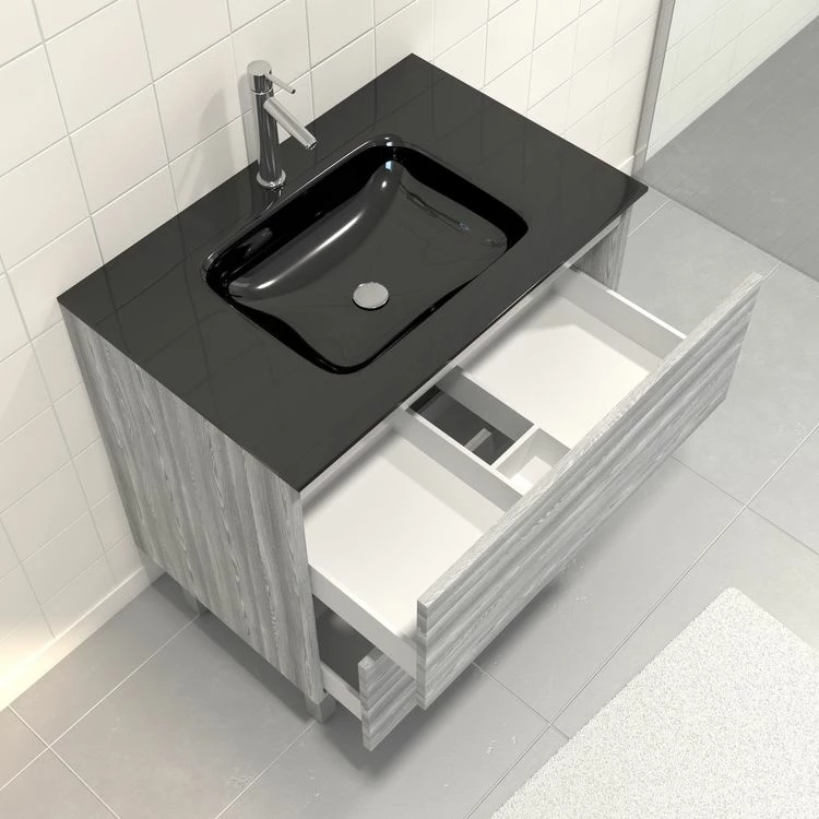 Aurlane Pack Meuble De Salle De Bain 80x50 Cm Chêne Gris-blanc - 2 Tiroirs - Vasque En Verre Noir 2 Aurlane Pack Meuble De Salle De Bain 80x50 Cm Chêne Gris-blanc - 2 Tiroirs - Vasque En Verre Noir – Image 2