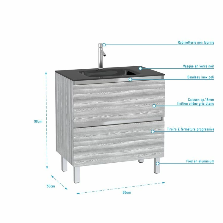 Aurlane Pack Meuble De Salle De Bain 80x50 Cm Chêne Gris-blanc - 2 Tiroirs - Vasque En Verre Noir 4 Aurlane Pack Meuble De Salle De Bain 80x50 Cm Chêne Gris-blanc - 2 Tiroirs - Vasque En Verre Noir – Image 4