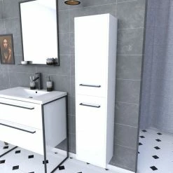 Aurlane Colonne De Salle De Bain Blanche 30x35x150 Cm - 2 Portes Blanches Poignees Noir Mat - STRUCTURA P015
