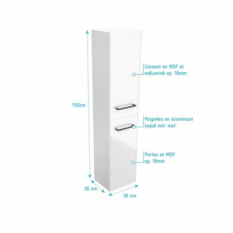 Aurlane Colonne De Salle De Bain Blanche 30x35x150 Cm - 2 Portes Blanches Poignees Noir Mat - STRUCTURA P015 4 Aurlane Colonne De Salle De Bain Blanche 30x35x150 Cm - 2 Portes Blanches Poignees Noir Mat - STRUCTURA P015 – Image 4