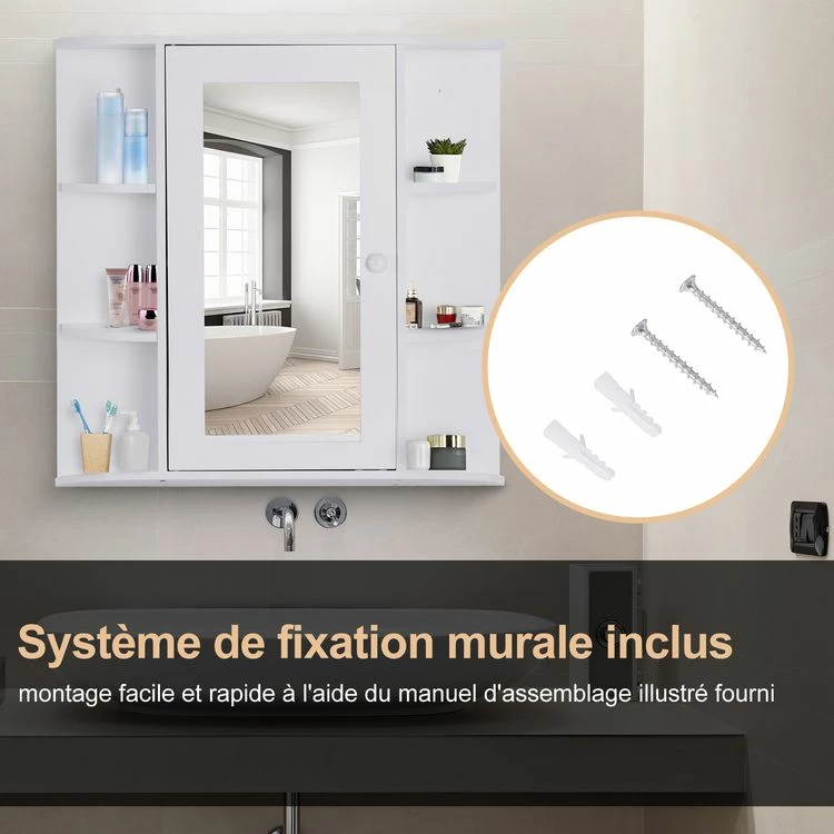 HOMCOM Armoire Murale Salle De Bain Armoire à Glace Placard De Rangement Toilettes 1 Porte + étagères Latérales MDF Blanc 6 HOMCOM Armoire Murale Salle De Bain Armoire à Glace Placard De Rangement Toilettes 1 Porte + étagères Latérales MDF Blanc – Image 6