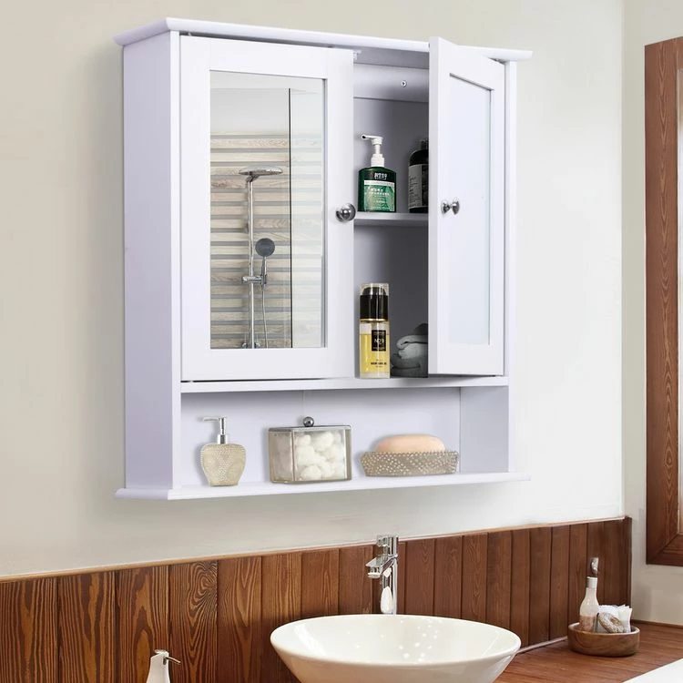 HOMCOM Armoire Murale étagère Salle De Bain 56L X 13l X 58H Cm Double Porte Miroir étagère Réglable MDF Blanc 2 HOMCOM Armoire Murale étagère Salle De Bain 56L X 13l X 58H Cm Double Porte Miroir étagère Réglable MDF Blanc – Image 2