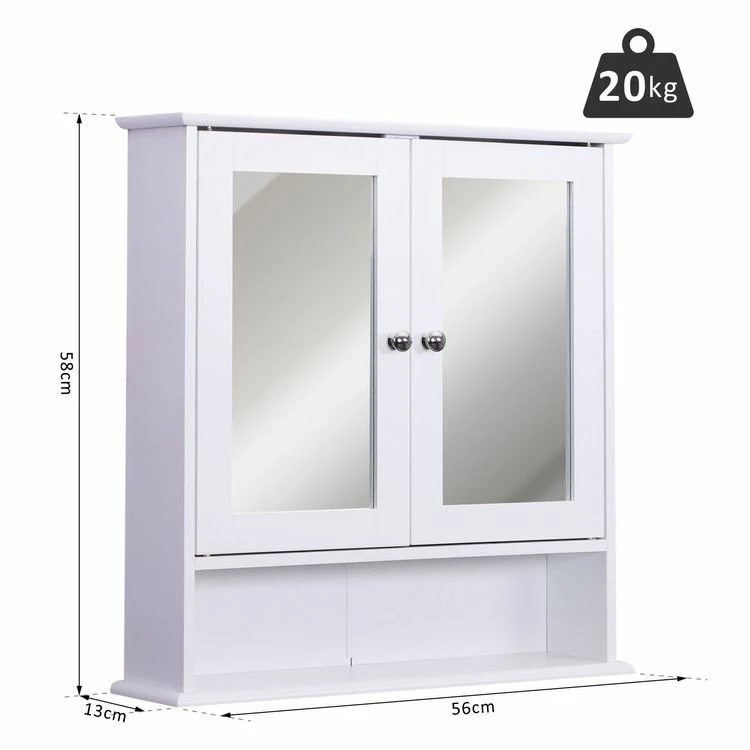HOMCOM Armoire Murale étagère Salle De Bain 56L X 13l X 58H Cm Double Porte Miroir étagère Réglable MDF Blanc 3 HOMCOM Armoire Murale étagère Salle De Bain 56L X 13l X 58H Cm Double Porte Miroir étagère Réglable MDF Blanc – Image 3