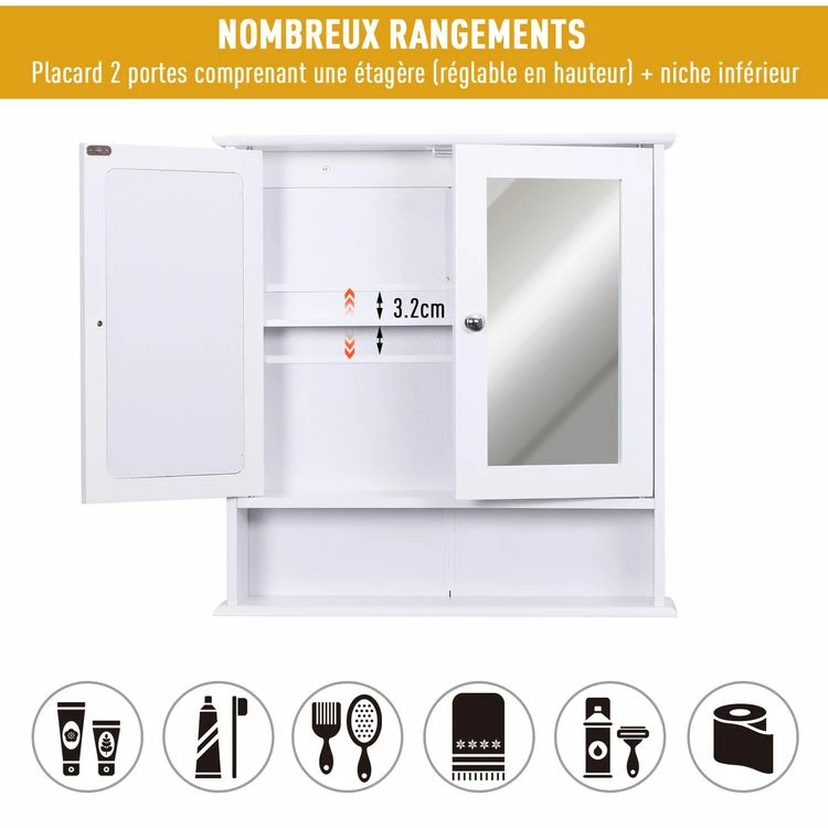 HOMCOM Armoire Murale étagère Salle De Bain 56L X 13l X 58H Cm Double Porte Miroir étagère Réglable MDF Blanc 4 HOMCOM Armoire Murale étagère Salle De Bain 56L X 13l X 58H Cm Double Porte Miroir étagère Réglable MDF Blanc – Image 4