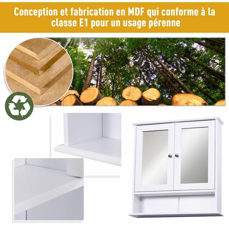 HOMCOM Armoire Murale étagère Salle De Bain 56L X 13l X 58H Cm Double Porte Miroir étagère Réglable MDF Blanc 6 HOMCOM Armoire Murale étagère Salle De Bain 56L X 13l X 58H Cm Double Porte Miroir étagère Réglable MDF Blanc – Image 6