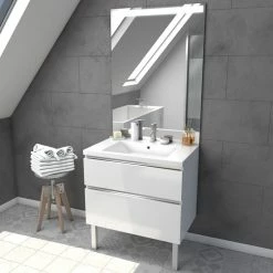 Aurlane Meuble Salle De Bain 80 Cm Blanc - Avec Tiroirs - Vasque Et Miroir - MERELY WHITE 80