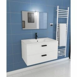 Aurlane Meuble Salle De Bains 80 Cm 2 Tiroirs Blanc Avec Vasque Blanche, Miroir Et Applique Led - BOX LED