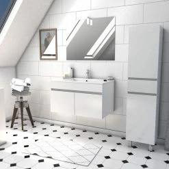 Aurlane Ensemble Meuble De Salle De Bain Blanc 60cm Suspendu A Portes + Vasque Ceramique Blanche + Miroir