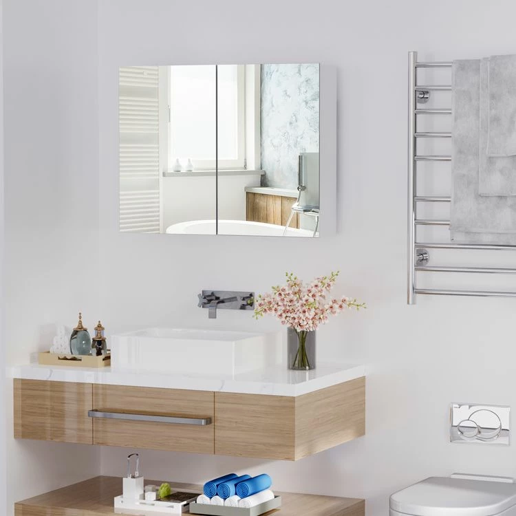 HOMCOM Armoire Miroir De Salle De Bain Armoire Murale Double Portes Et étagères Dim. 80L X 15l X 60H Cm MDF Blanc 2 HOMCOM Armoire Miroir De Salle De Bain Armoire Murale Double Portes Et étagères Dim. 80L X 15l X 60H Cm MDF Blanc – Image 2