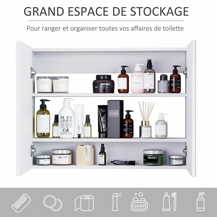 HOMCOM Armoire Miroir De Salle De Bain Armoire Murale Double Portes Et étagères Dim. 80L X 15l X 60H Cm MDF Blanc 5 HOMCOM Armoire Miroir De Salle De Bain Armoire Murale Double Portes Et étagères Dim. 80L X 15l X 60H Cm MDF Blanc – Image 5